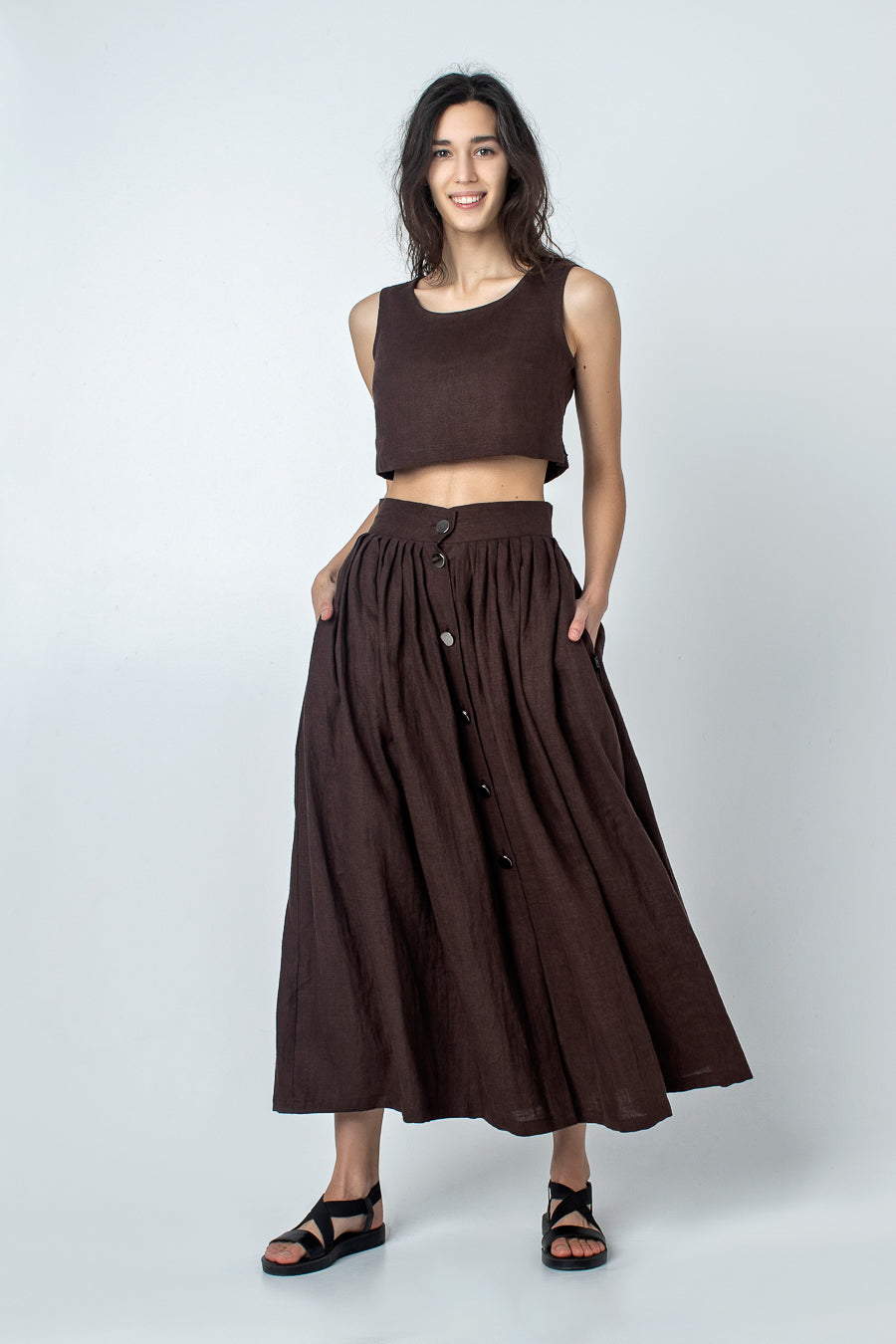 Linen Midi Skirt, Brown A Line Skirt Women, High Waist Skirt With